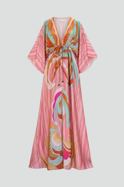 Vestido maxi estampado con cinturón y escote en V para mujer