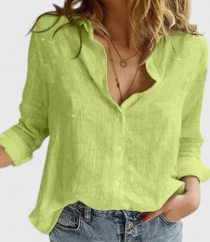 Blusa de lino con escote en V y botones para mujer