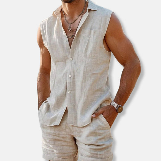Conjunto de dos piezas para hombre: camisa sin mangas de lino y shorts