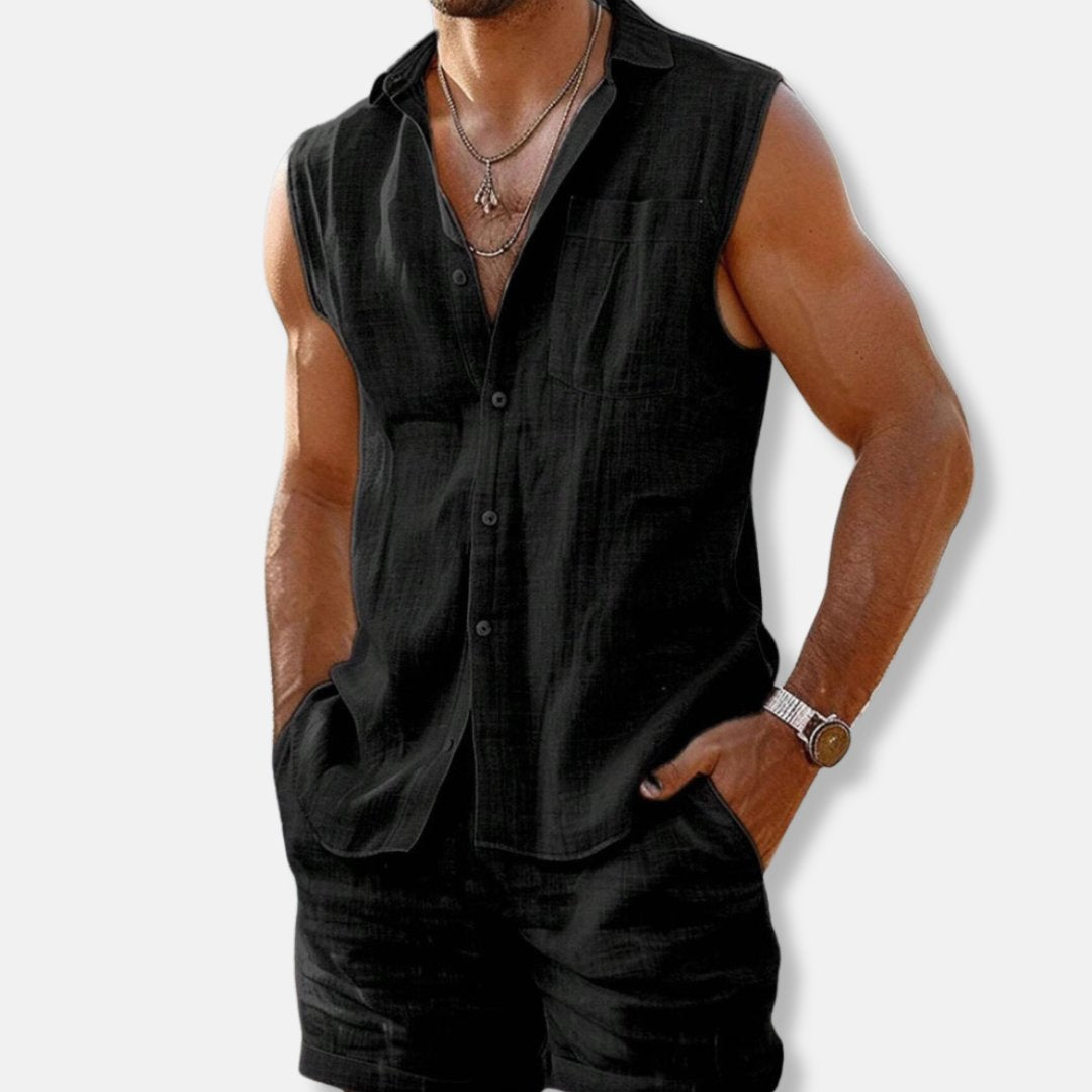 Conjunto de dos piezas para hombre: camisa sin mangas de lino y shorts