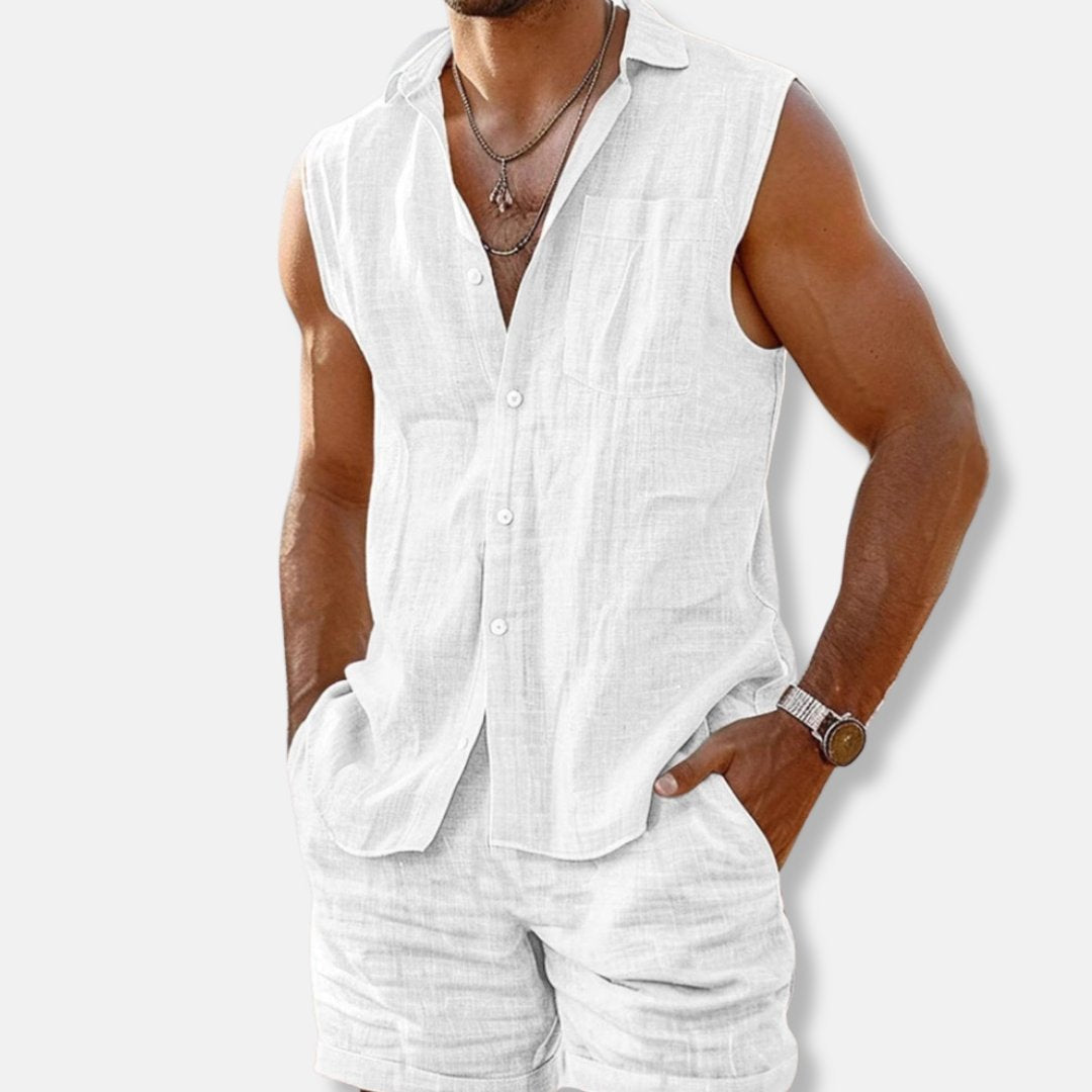 Conjunto de dos piezas para hombre: camisa sin mangas de lino y shorts
