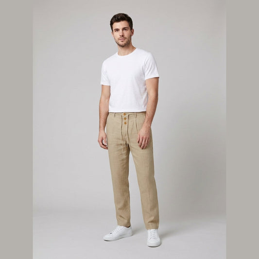 Pantalón de lino holgado para hombre con cintura elástica, cordón y botones