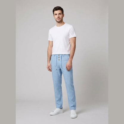 Pantalón de lino holgado para hombre con cintura elástica, cordón y botones