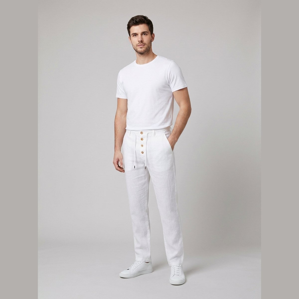 Pantalón de lino holgado para hombre con cintura elástica, cordón y botones