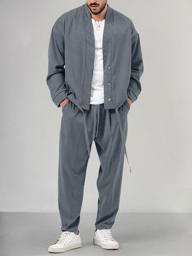 Conjunto relajado de dos piezas con sobrecamisa abotonada y pantalón para hombre