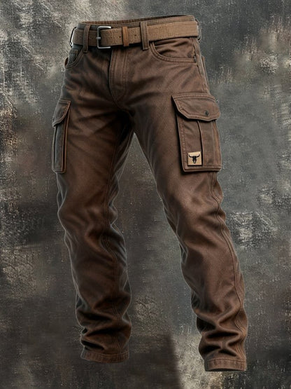 Pantalón cargo cónico slim fit con parche de toro para hombre