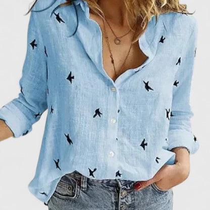 Blusa de lino con escote en V y botones para mujer