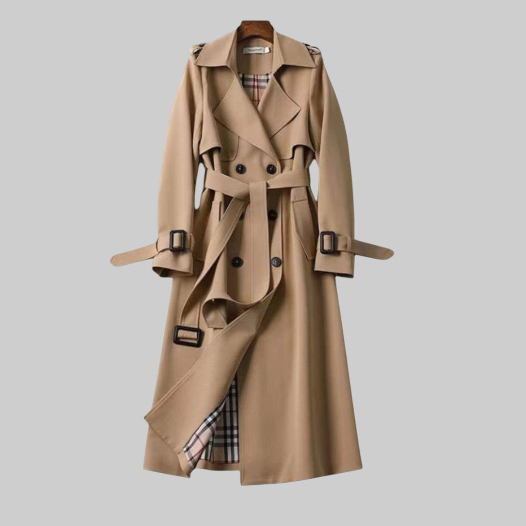 Trench coat largo cruzado con cinturón para mujer