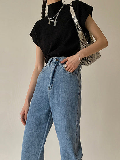 Top casual de manga corta con cuello semi alto para mujer