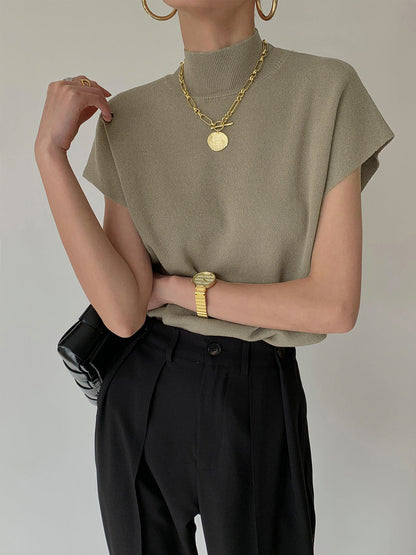 Top casual de manga corta con cuello semi alto para mujer