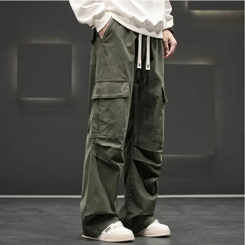 Pantalones cargo de pierna ancha con bolsillos utilitarios para hombre