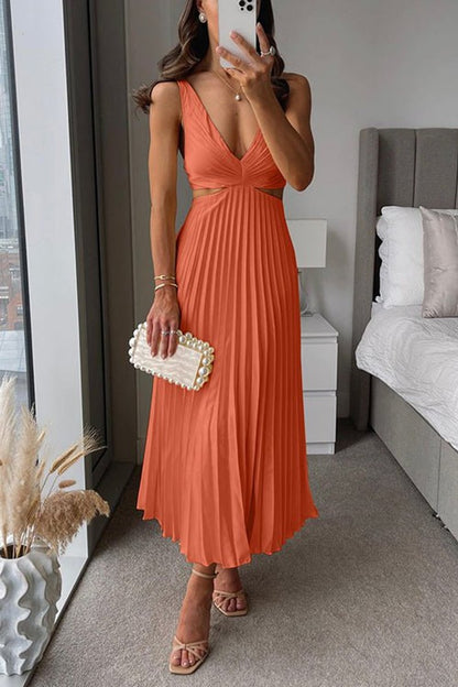 Vestido maxi plisado sin mangas con escote en V para madre de la novia