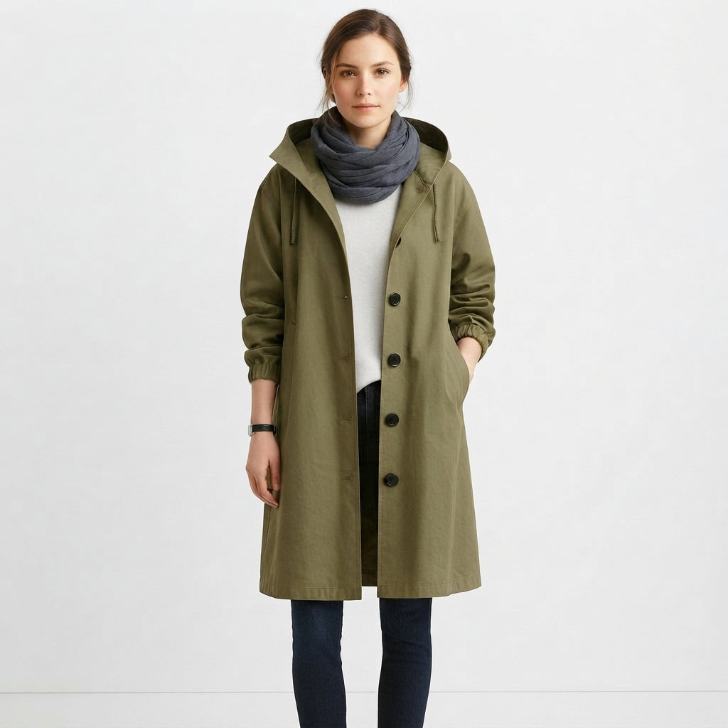 Abrigo Casual Largo con Capucha y Botones para Mujer
