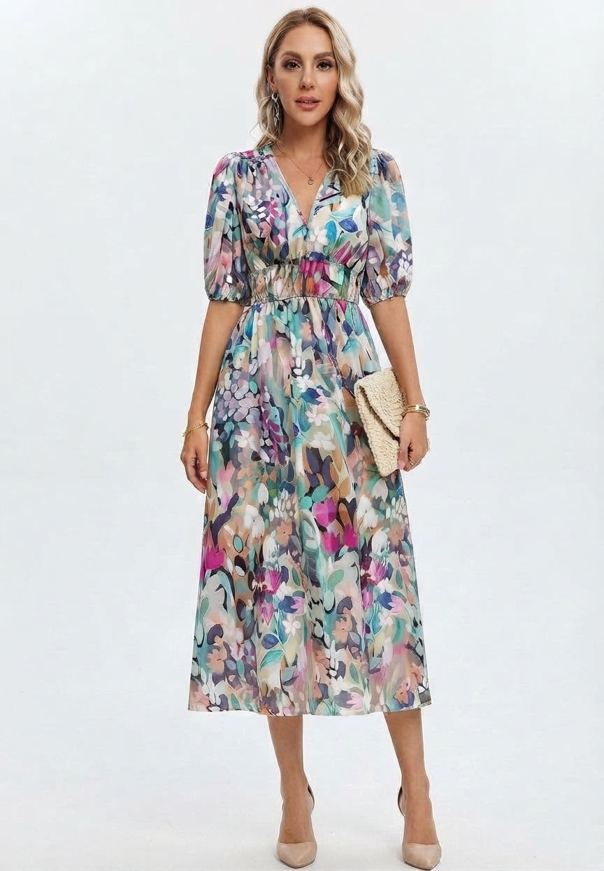 Vestido midi con estampado floral y cuello en V para mujer, ideal para invitadas de boda