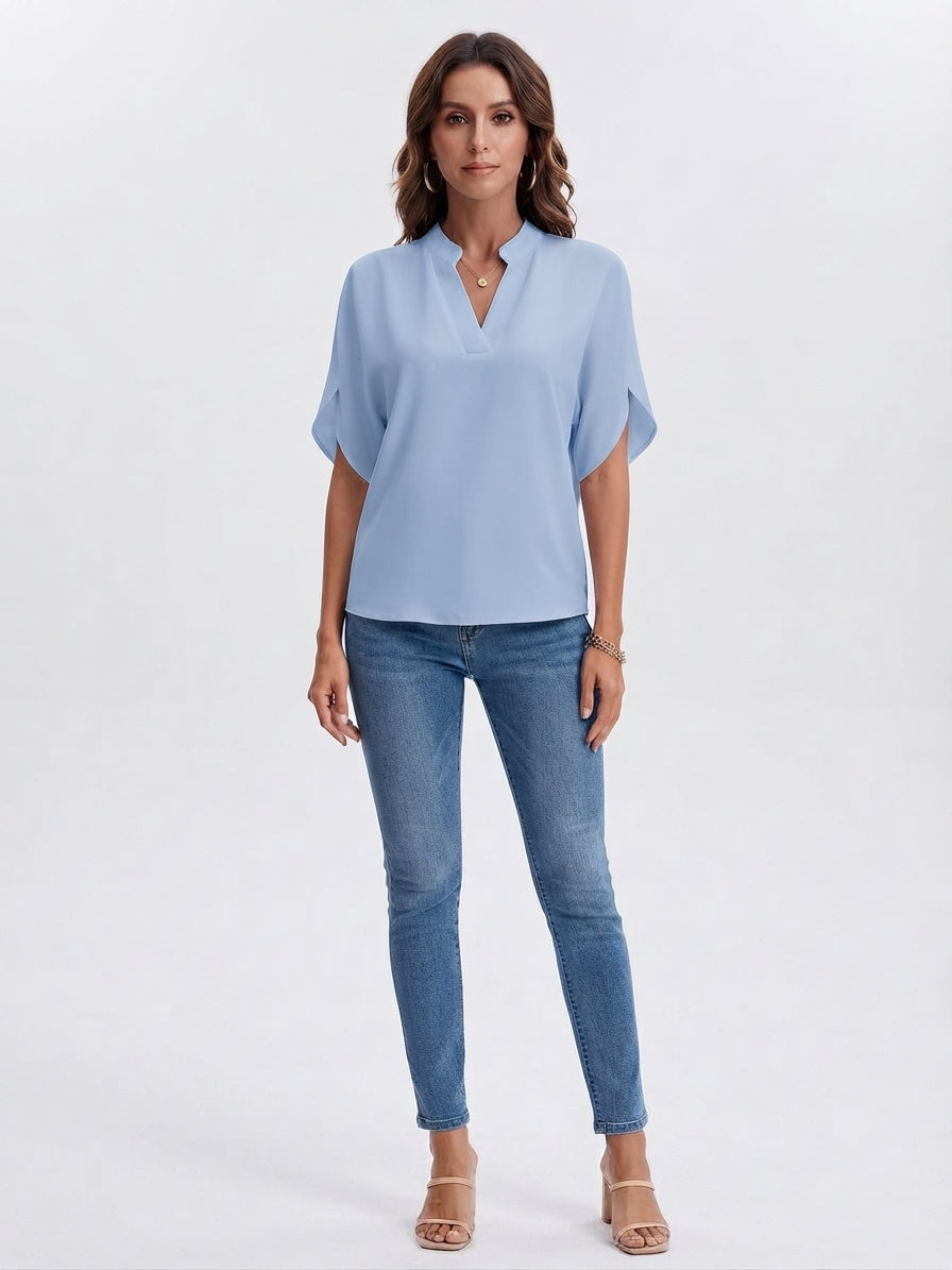 Blusa sofisticada con cuello en V y mangas con abertura para mujer