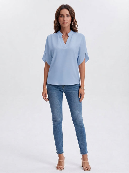 Blusa sofisticada con cuello en V y mangas con abertura para mujer