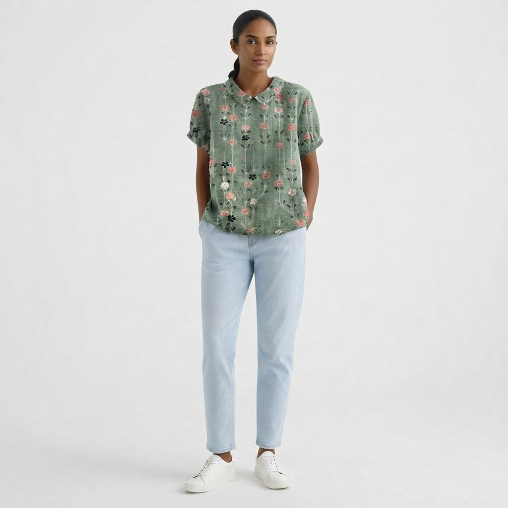 Blusa de manga corta para mujer con detalle floral en el cuello