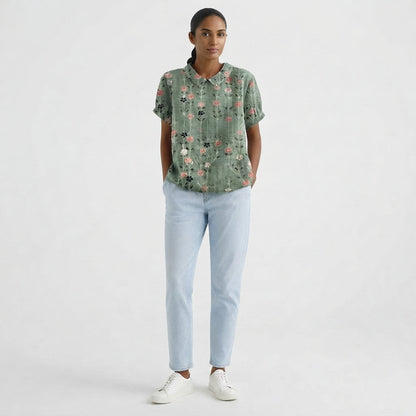 Blusa de manga corta para mujer con detalle floral en el cuello