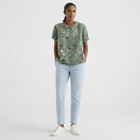 Blusa de manga corta para mujer con detalle floral en el cuello