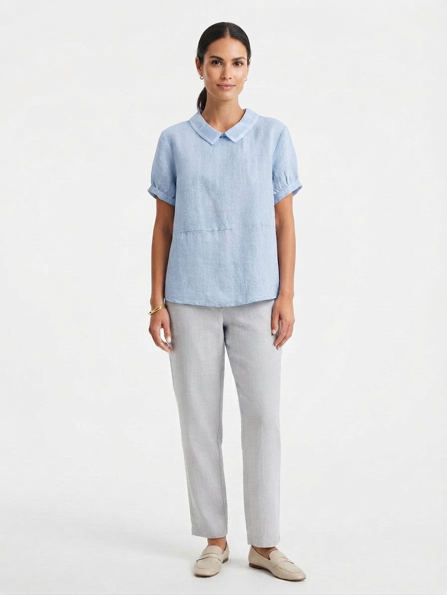 Blusa de Lino con Cuello Peter Pan para Mujer