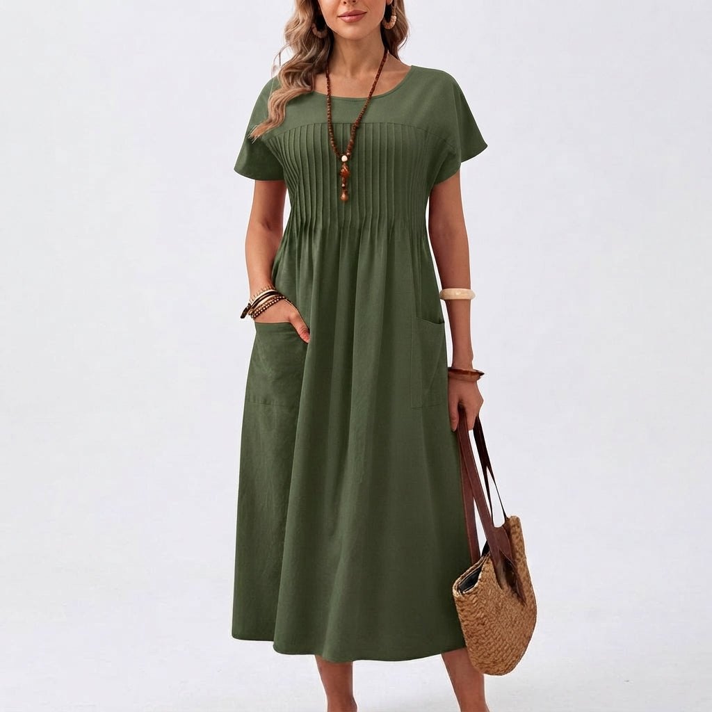 Vestido midi plisado de manga corta para mujer