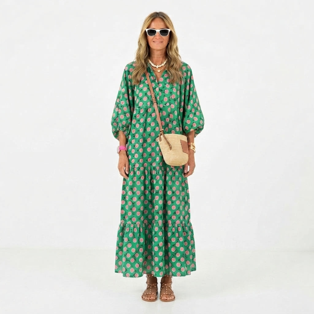 Vestido Maxi Fluido con Cuello en V y Estampado para Mujer