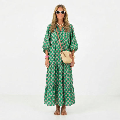 Vestido Maxi Fluido con Cuello en V y Estampado para Mujer