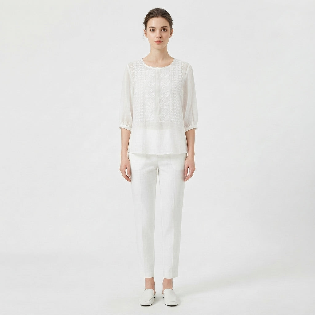 Blusa Bordada con Cuello Redondo para Mujer