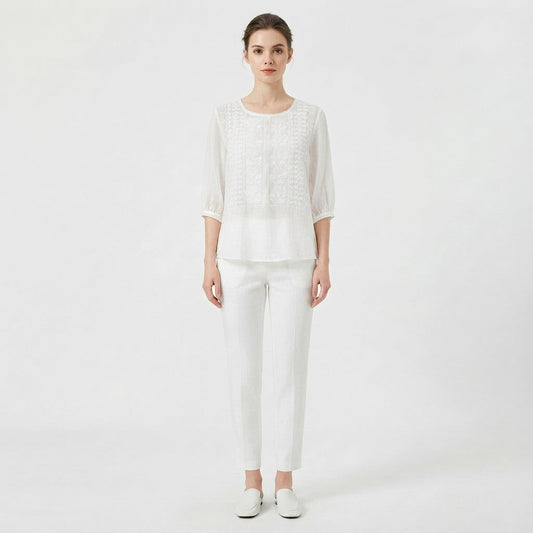 Blusa Bordada con Cuello Redondo para Mujer