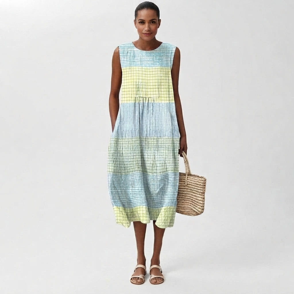 Vestido midi sin mangas de lino a cuadros para mujer