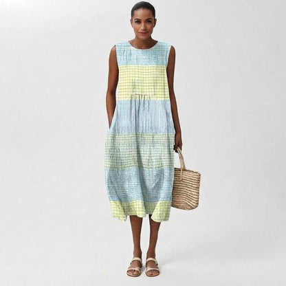 Vestido midi sin mangas de lino a cuadros para mujer