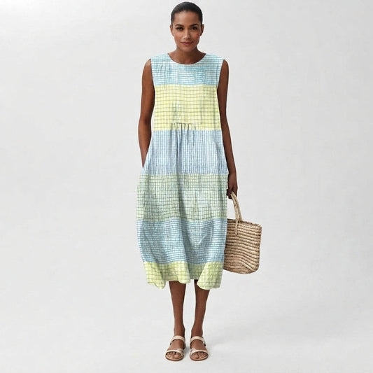 Vestido midi sin mangas de lino a cuadros para mujer