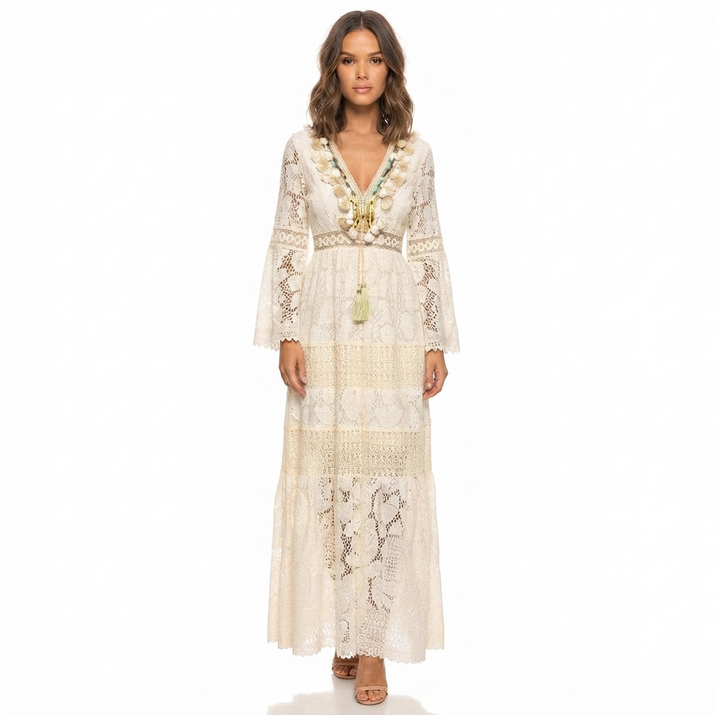 Vestido Maxi Bohemio de Verano con Manga Larga para Mujer