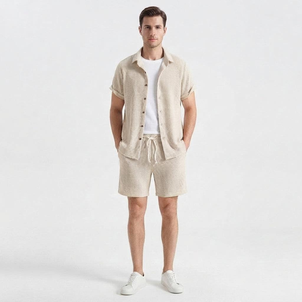 Conjunto casual de dos piezas con camisa de manga corta y shorts para hombre