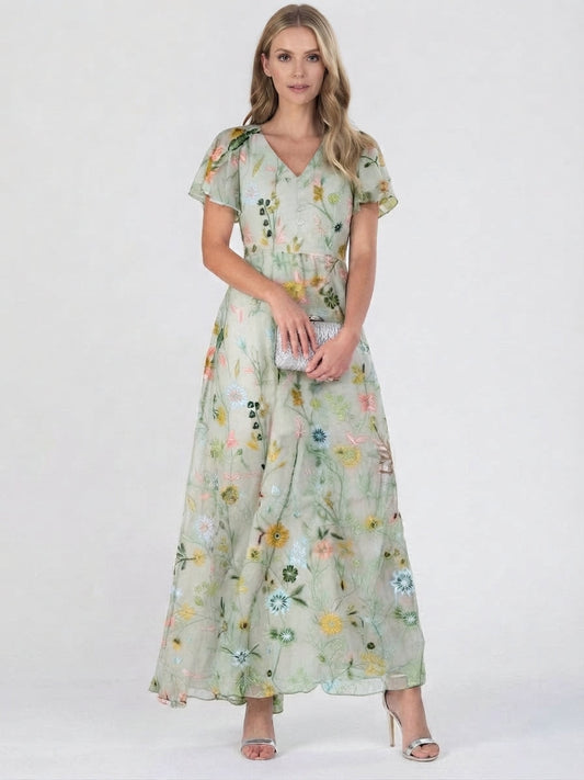 Vestido maxi de verano con cuello en V y estampado floral para mujer