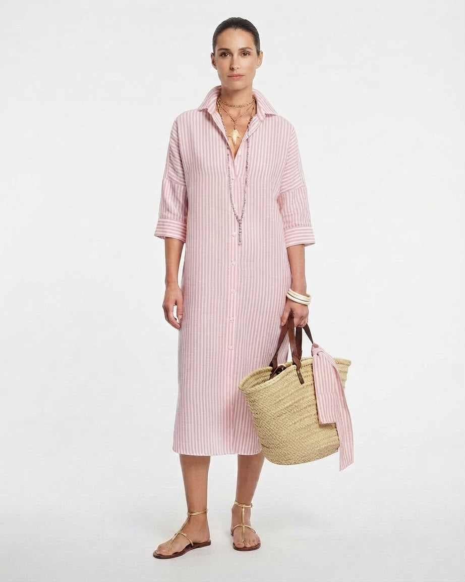 Vestido camisero midi a rayas con botones para mujer