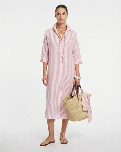 Vestido camisero midi a rayas con botones para mujer