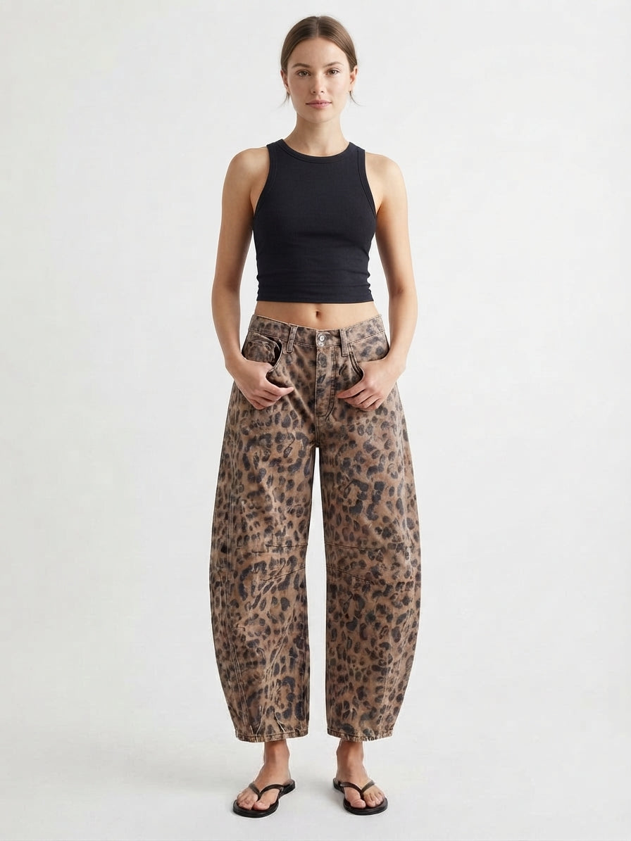 Jeans Denim de Pierna Ancha con Estampado de Leopardo para Mujer