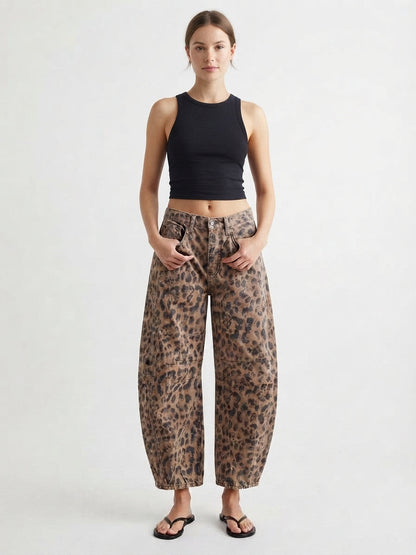 Jeans Denim de Pierna Ancha con Estampado de Leopardo para Mujer