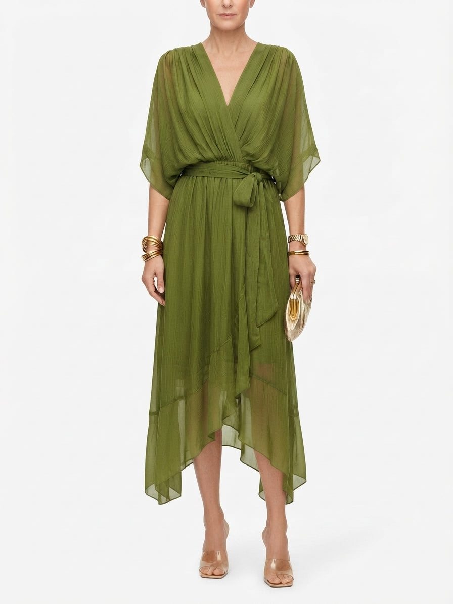 Vestido midi con mangas mariposa y cinturón de lazo para mujer