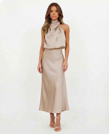 Vestido Midi Formal de Satín con Cuello Halter para Mujer
