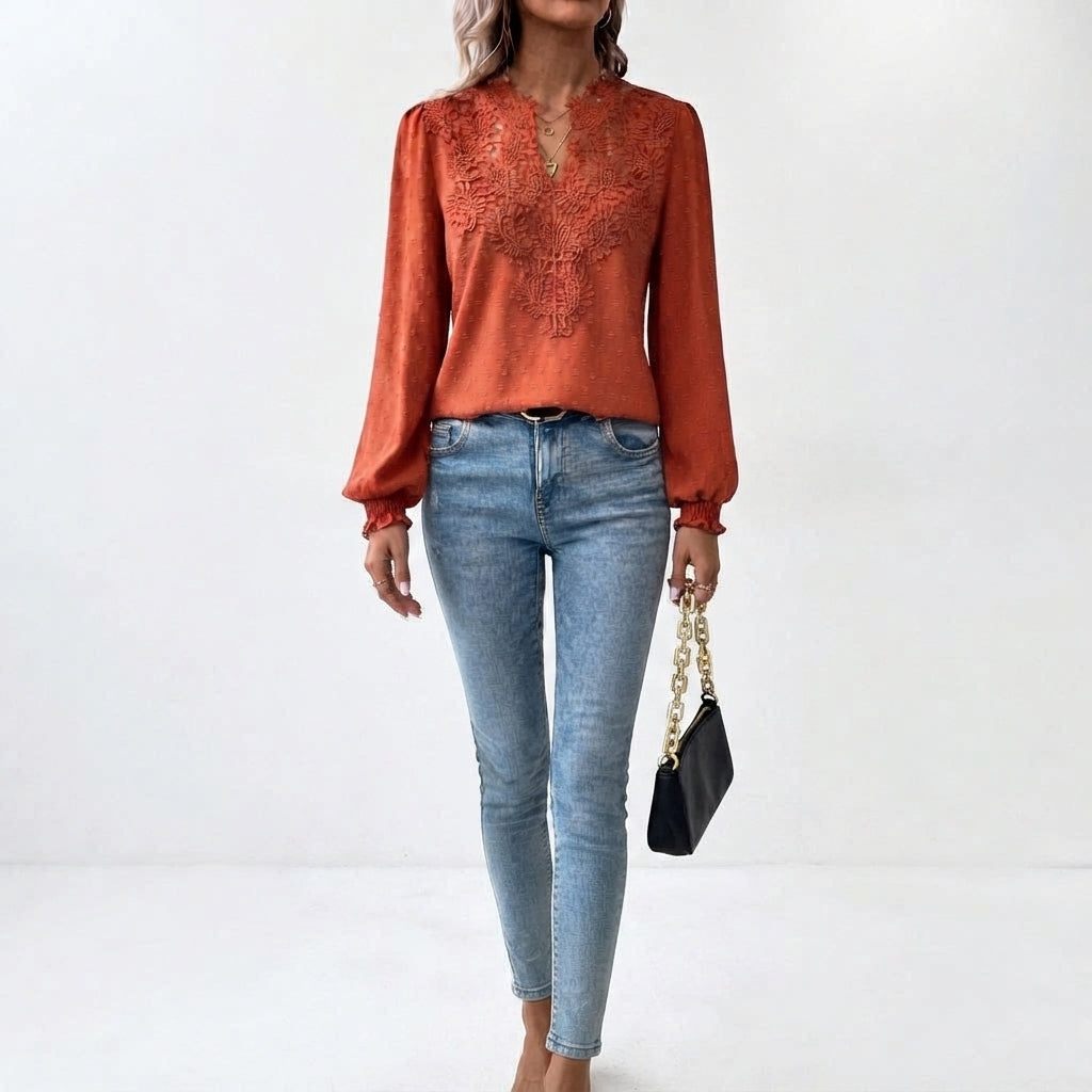 Blusa de Manga Larga con Cuello en V y Detalles Florales para Mujer