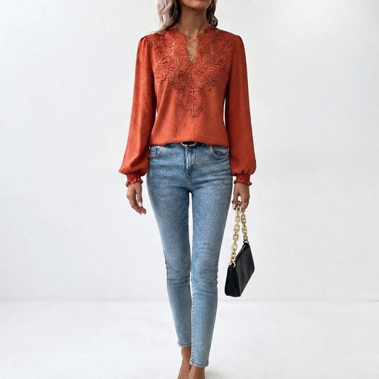 Blusa de Manga Larga con Cuello en V y Detalles Florales para Mujer