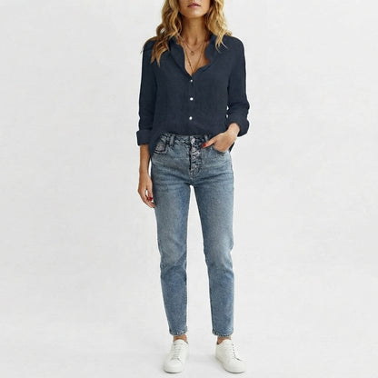 Blusa de lino con escote en V y botones para mujer