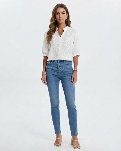 Blusa bordada con cuello en V para mujer