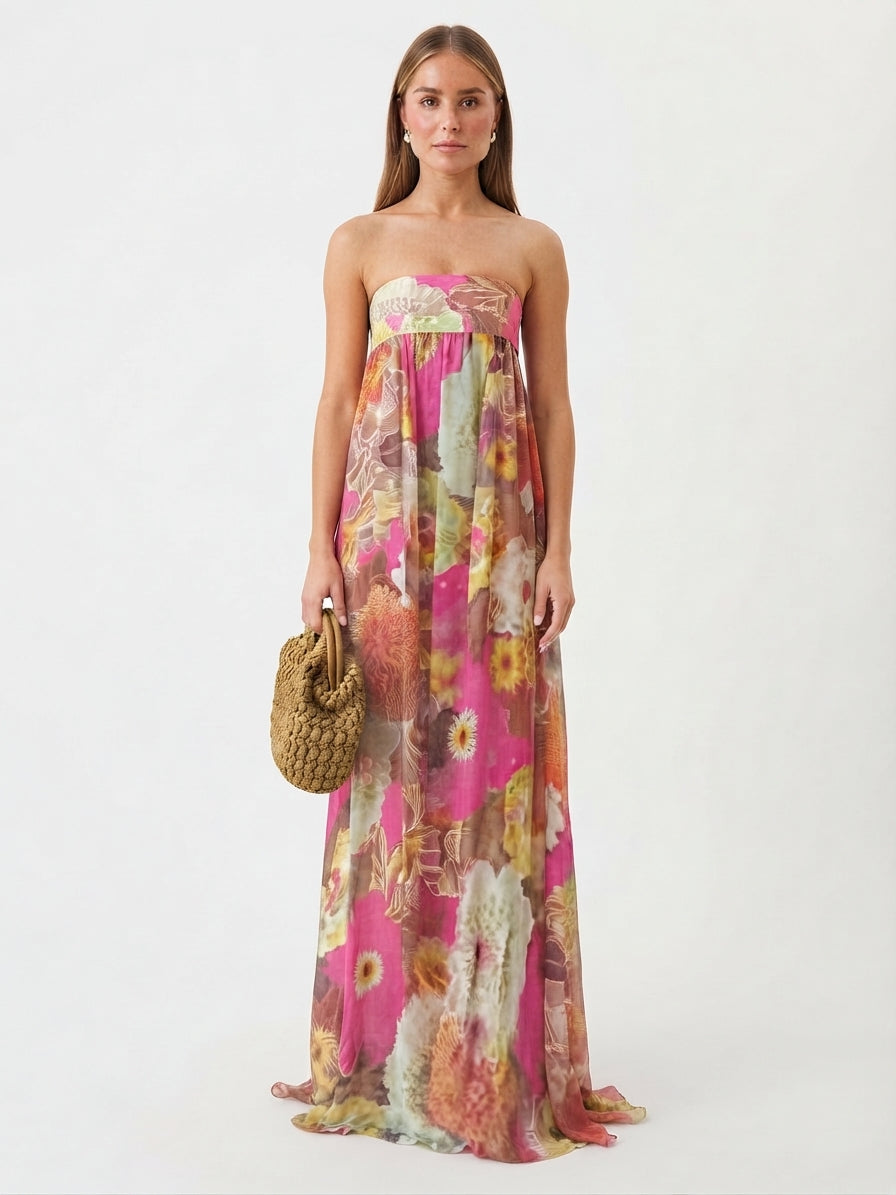 Vestido Maxi Floral Strapless Tipo Tubo para Mujer para Invitadas de Boda