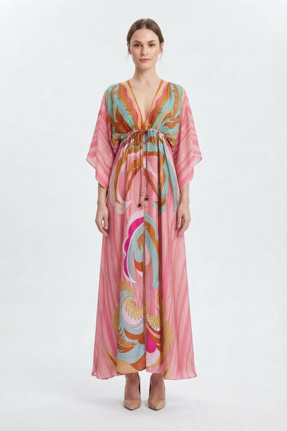 Vestido maxi estampado con cinturón y escote en V para mujer