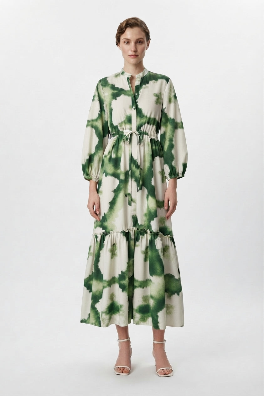 Vestido maxi estampado con cuello en V y manga larga para mujer