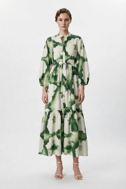 Vestido maxi estampado con cuello en V y manga larga para mujer