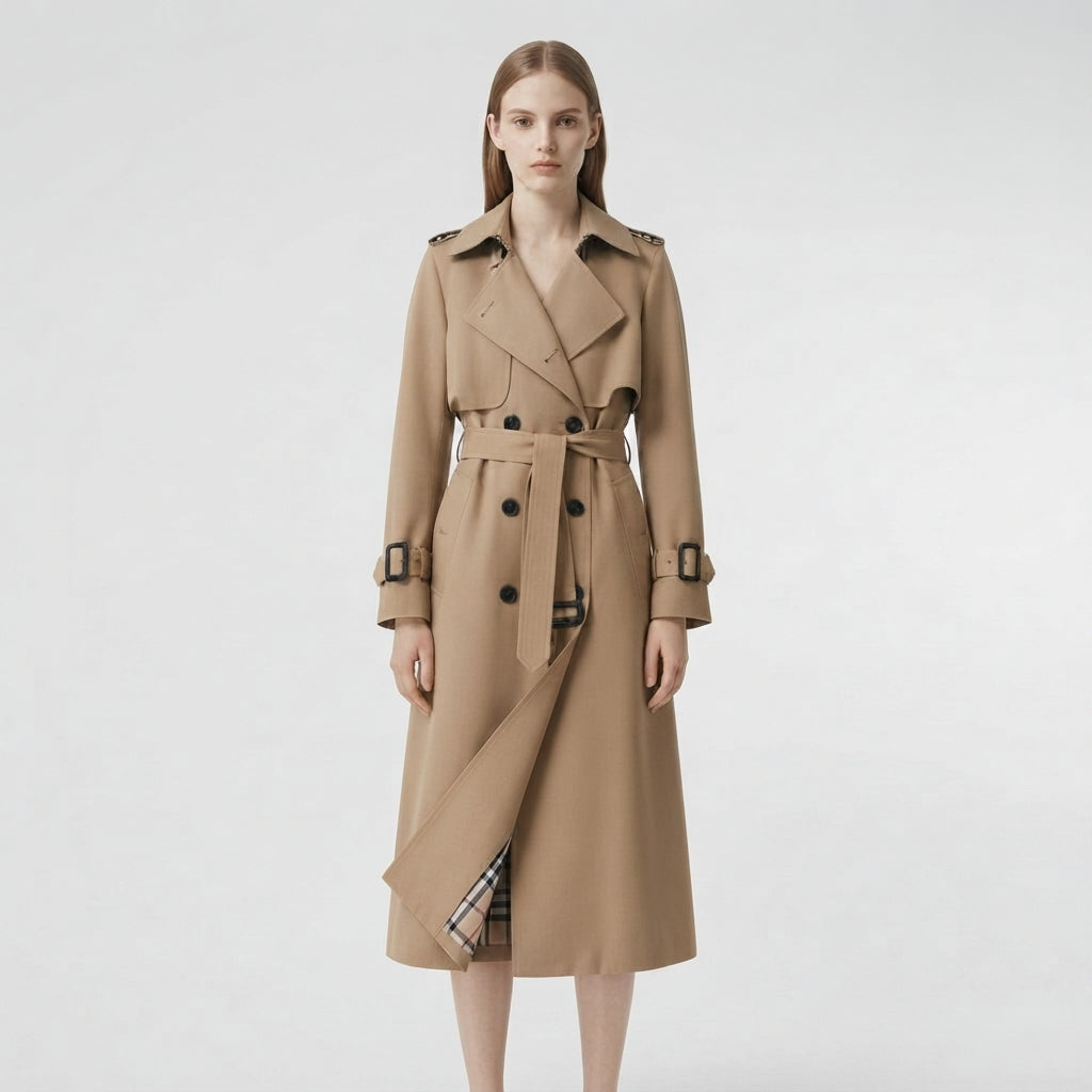 Trench coat largo cruzado con cinturón para mujer